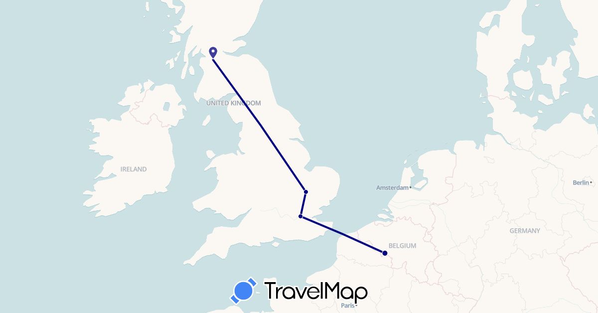 TravelMap itinerary: driving in Belgium, United Kingdom (Europe)